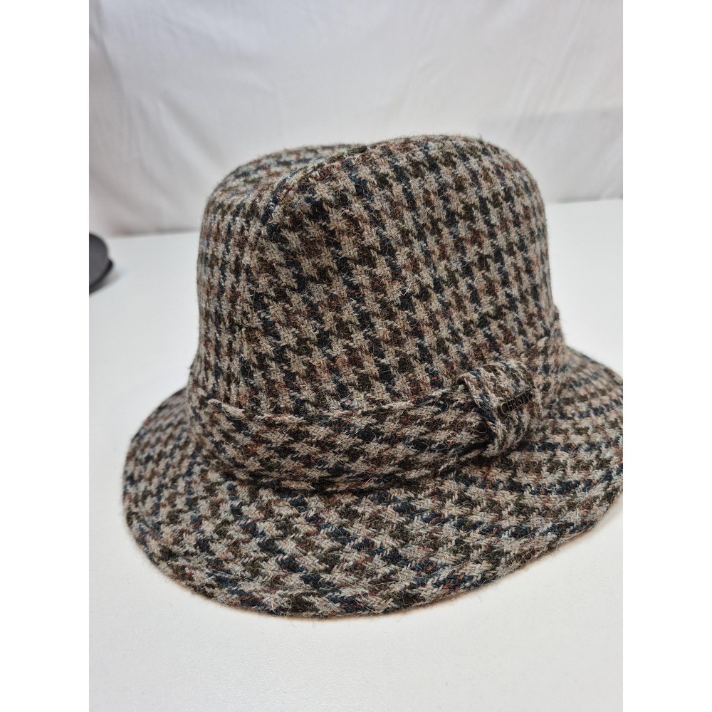 Christys' London Hat Trilby Cap Fitted Mens M Brown Check Harris Tweed Lined